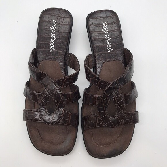 Easy Street Women's 9M Brown Sandals Faux Croc Print Open Toe Slides Mules Shoes - Picture 8 of 11